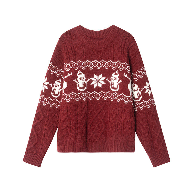 Damen Weihnachts-Pullover mit festlichem Zopfmuster und Schneemann-Motiv Drune