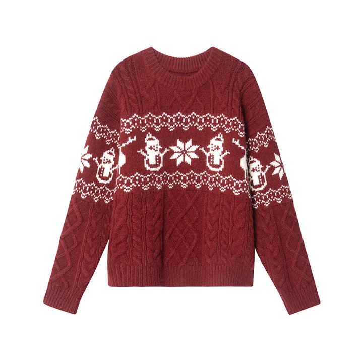 Damen Weihnachts-Pullover mit festlichem Zopfmuster und Schneemann-Motiv Drune