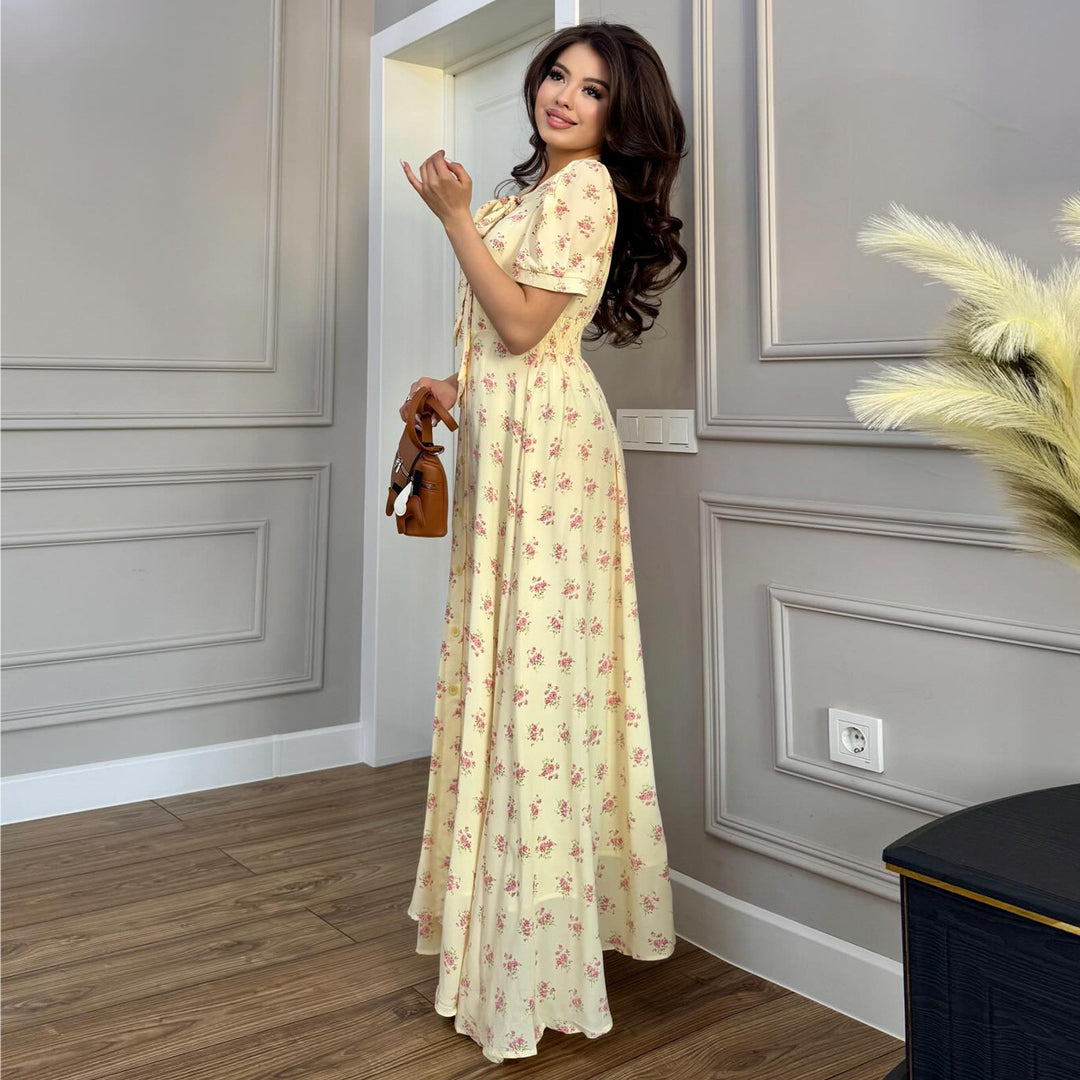 Damen Maxikleid mit eleganter Schleifenbindung und romantischem Blütenmuster Drune