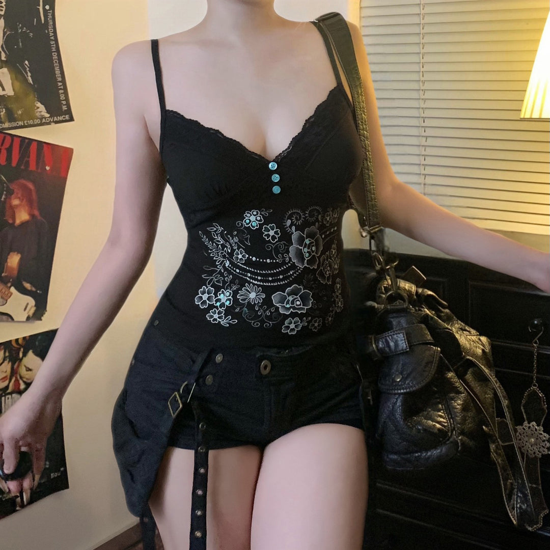 Damen Spitzentop mit floralem Design und dekorativen Knöpfen Drune