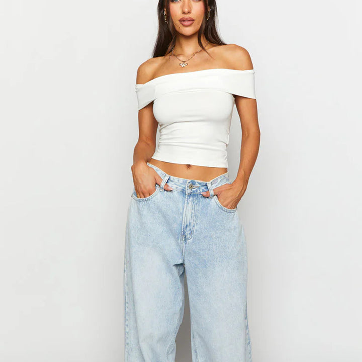 Damen Off-Shoulder Crop-Top aus elastischem Material mit figurformendem Design Drune