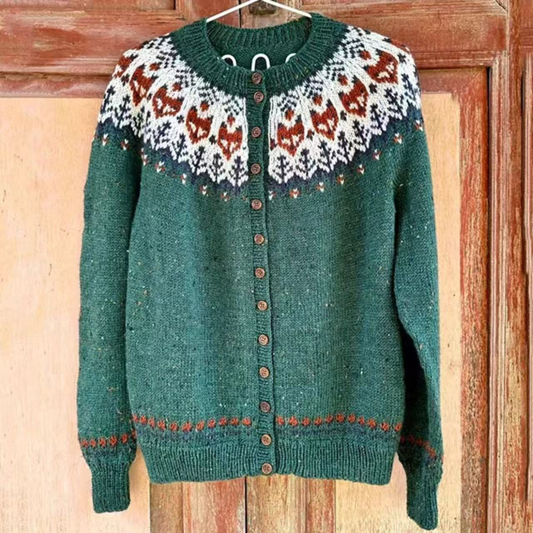 Damen nan gemusterte Strickjacke mit Rundpasse, Holzknöpfen und Eingrifftaschen Drune