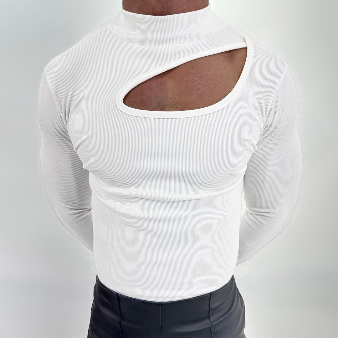 Damen nan eng anliegendes Langarm-Oberteil aus feinem Rippjersey mit asymmetrischem Schulter-Ausschnitt und hohem Kragen Drune
