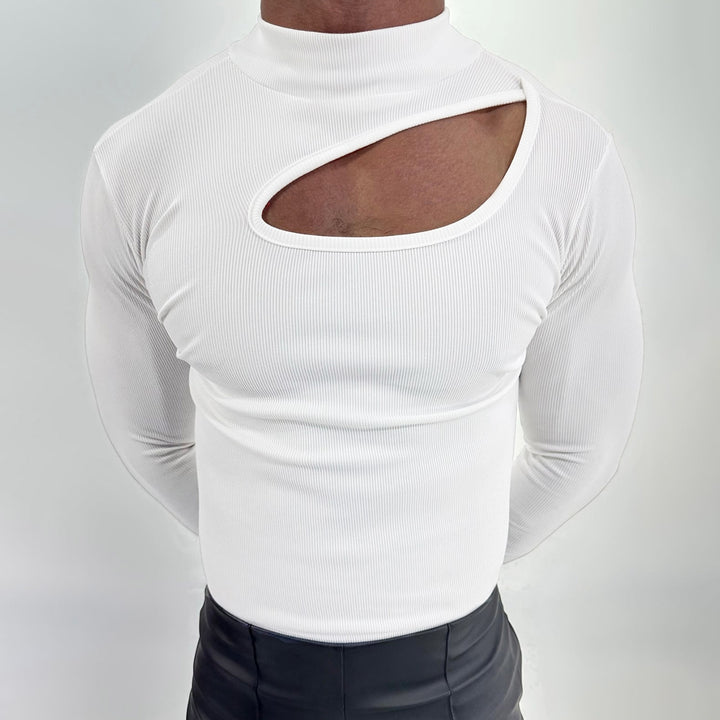 Damen nan eng anliegendes Langarm-Oberteil aus feinem Rippjersey mit asymmetrischem Schulter-Ausschnitt und hohem Kragen Drune