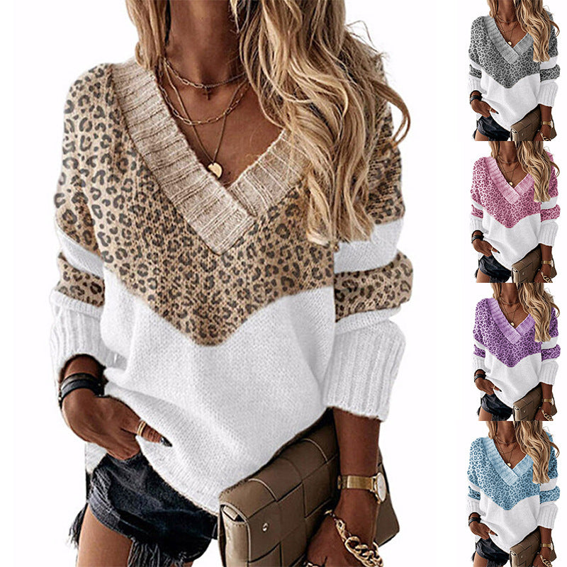 Damen V-Ausschnitt Pullover mit Leopardenmuster Drune