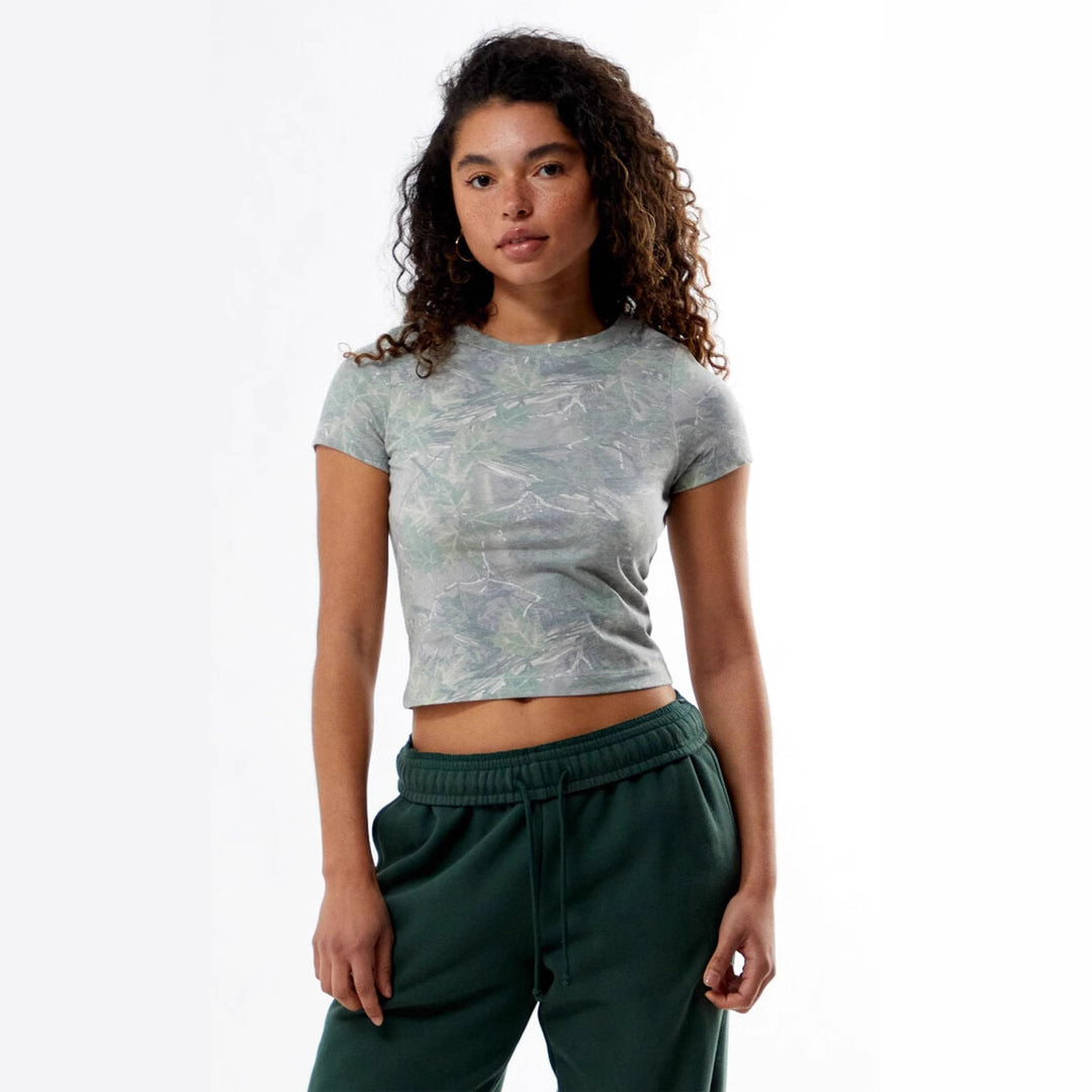 Damen Kurzarm-Crop-Top aus atmungsaktivem Material mit floralem Print Drune