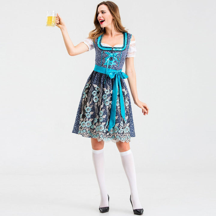 Damen nan traditionelles Kurzdirndl mit Spitzenärmeln, Schnürung und floraler Schürze Drune