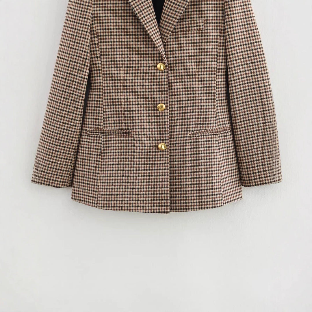 Damen Karierter Blazer mit goldenen Knopfdetails Drune