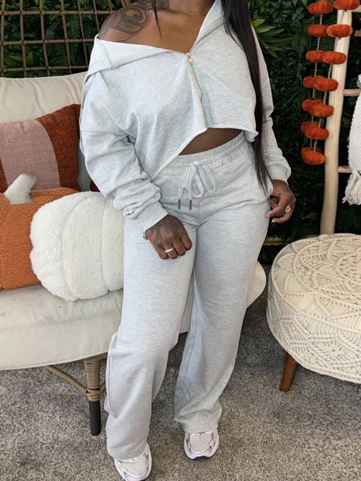 Damen lässiges Set mit cropped Zip-Pullover und bequemen Jogginghosen Drune