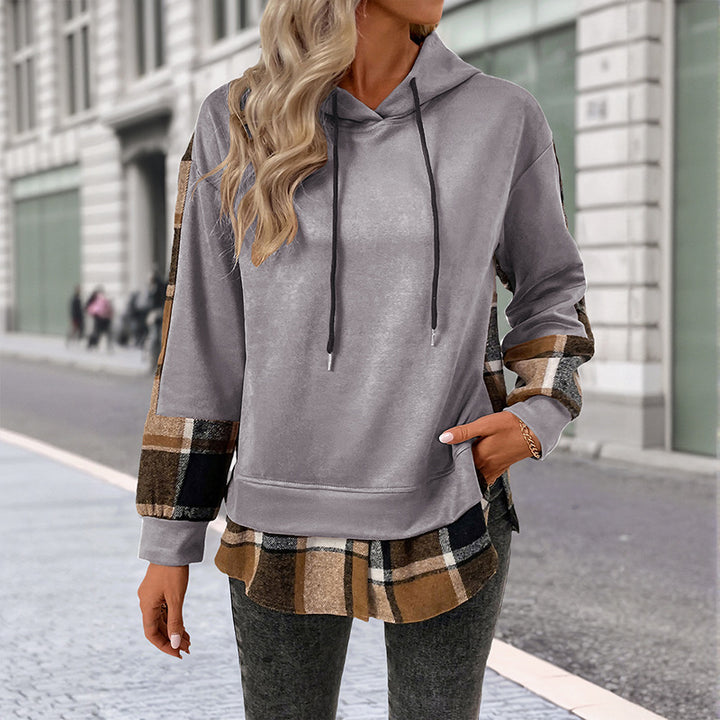 Damen lässiger Kapuzenpullover mit kariertem Patchwork-Design Drune