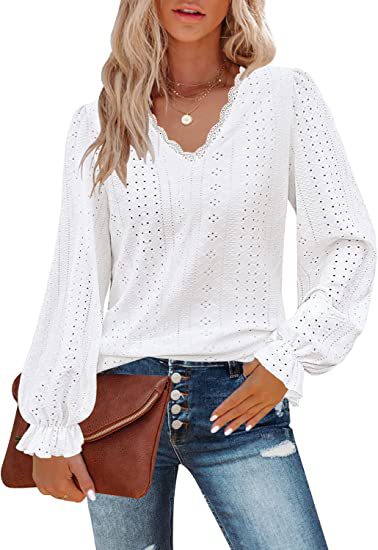 Damen Bluse mit Spitzenmuster und Ballonärmeln Drune