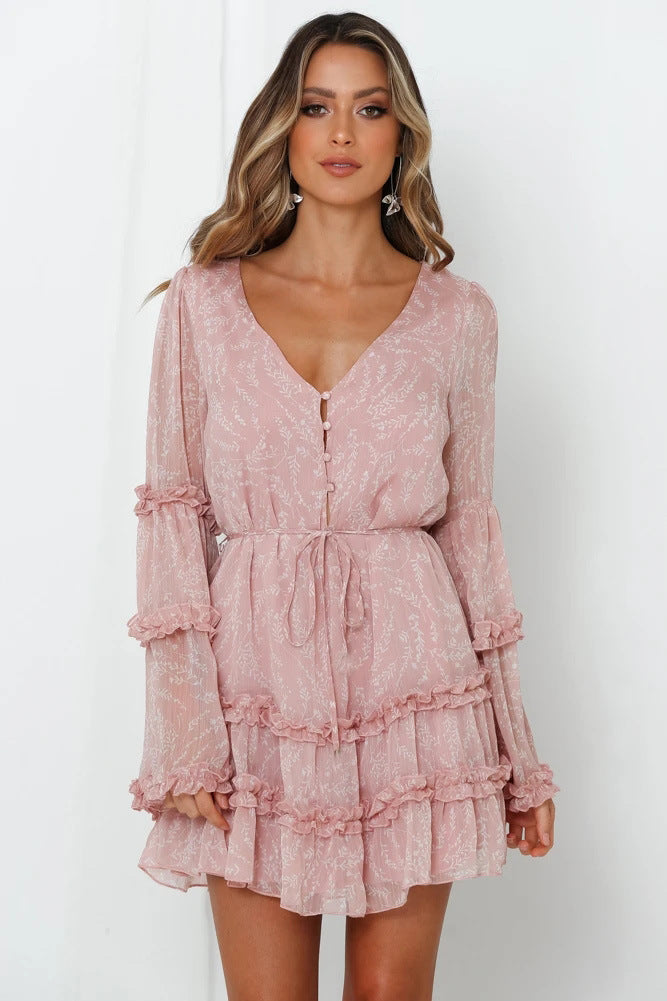 Damen Rüschenkleid mit langem, transparentem Ärmel und Bindegürtel Drune