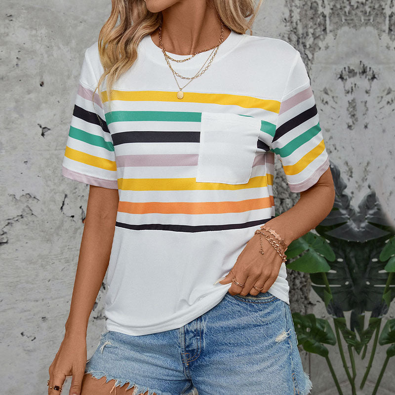Damen Kurzarm T-Shirt mit buntem Streifenmuster und Brusttasche Drune