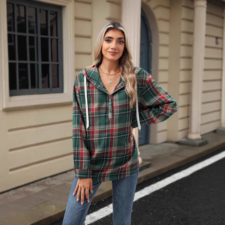 Damen karierte Kapuzenbluse mit praktischen Knopfdetails und lässigem Schnitt Drune