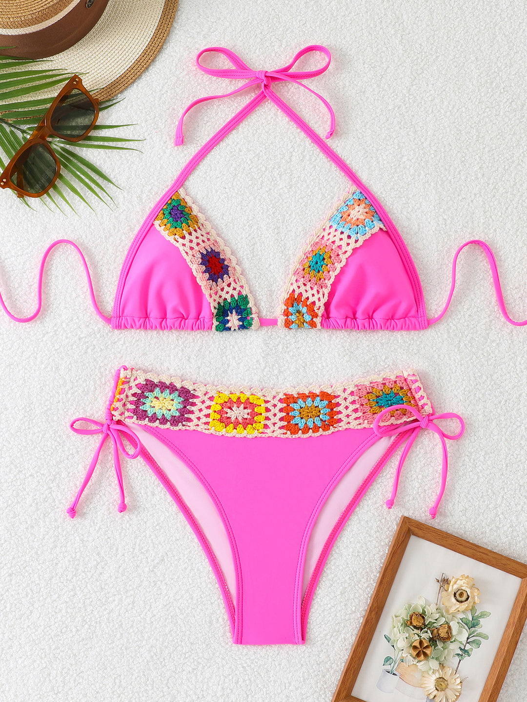 Damen Triangel-Bikini-Set mit buntem Häkelbund Drune