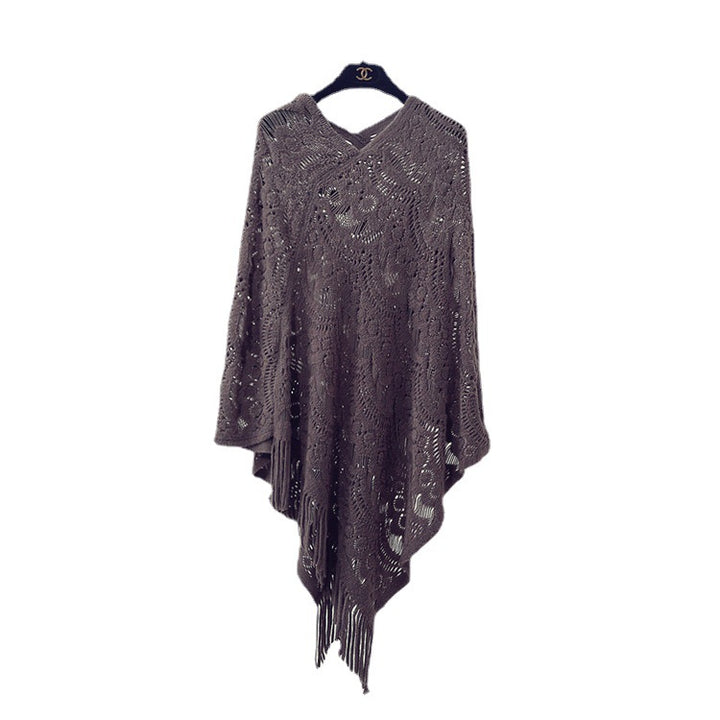 Damen Strickponcho mit fransigen Details und luftiger Lochstruktur Drune