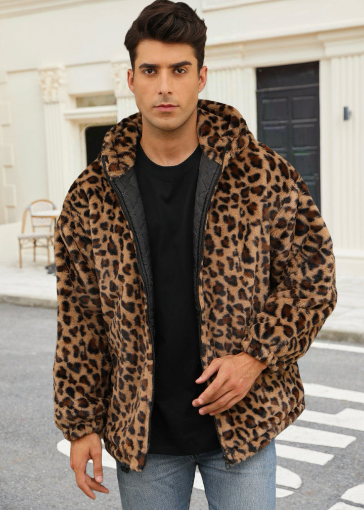 Herren Plüschjacke mit auffälligem Tierprint und Kapuze Drune