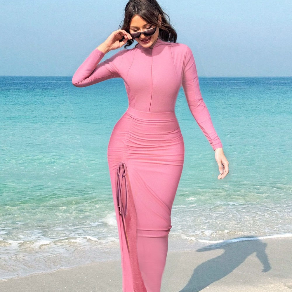 Damen eleganter Sport-Badeanzug mit hochgeschlossenem Kragen und seitlichen Raffung Drune
