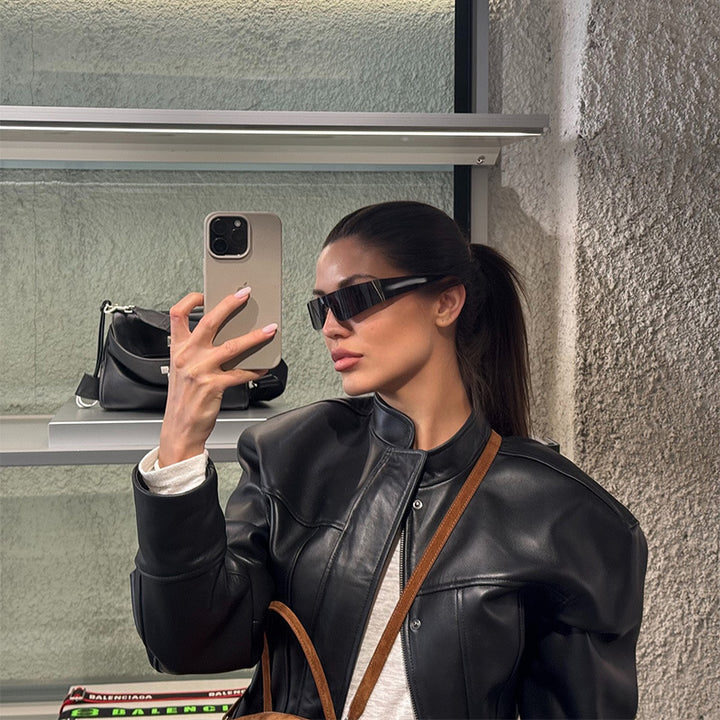 Damen Modische Kunstlederjacke mit elegantem Stehkragen und strukturiertem Design Drune