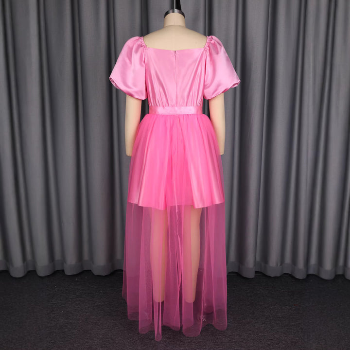 Damen Elegantes Tüllkleid mit Puffärmeln und Schleifenbindung Drune
