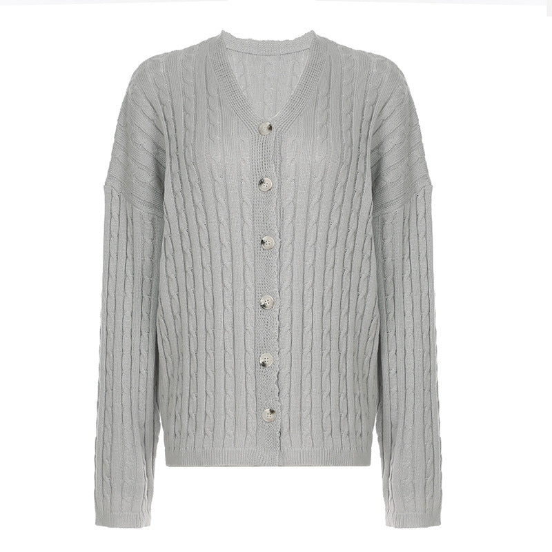 Damen nan Zopfmuster-Cardigan mit V-Ausschnitt, überschnittener Schulter und durchgehender Knopfleiste Drune