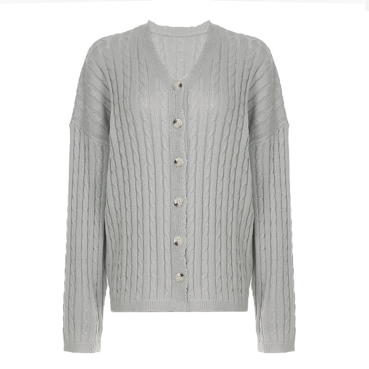 Damen nan Zopfmuster-Cardigan mit V-Ausschnitt, überschnittener Schulter und durchgehender Knopfleiste Drune