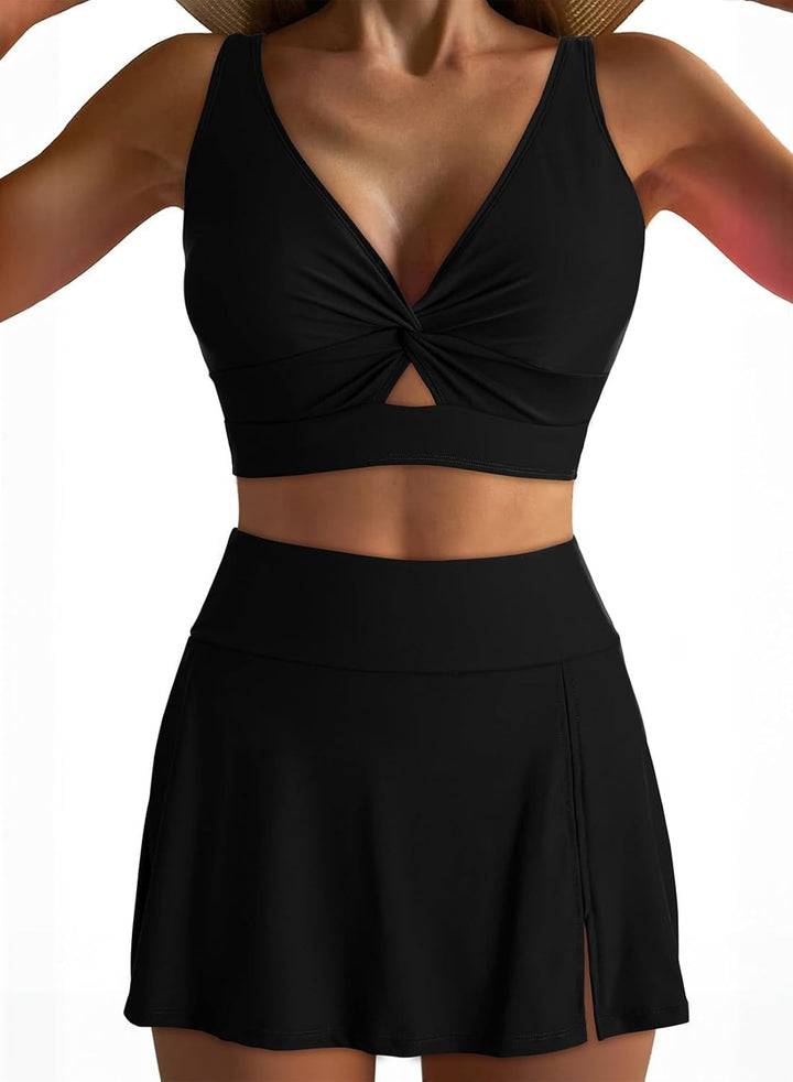 Damen Sport-Bikini-Set mit modischem Knoten-Oberteil und elegantem Rock Drune