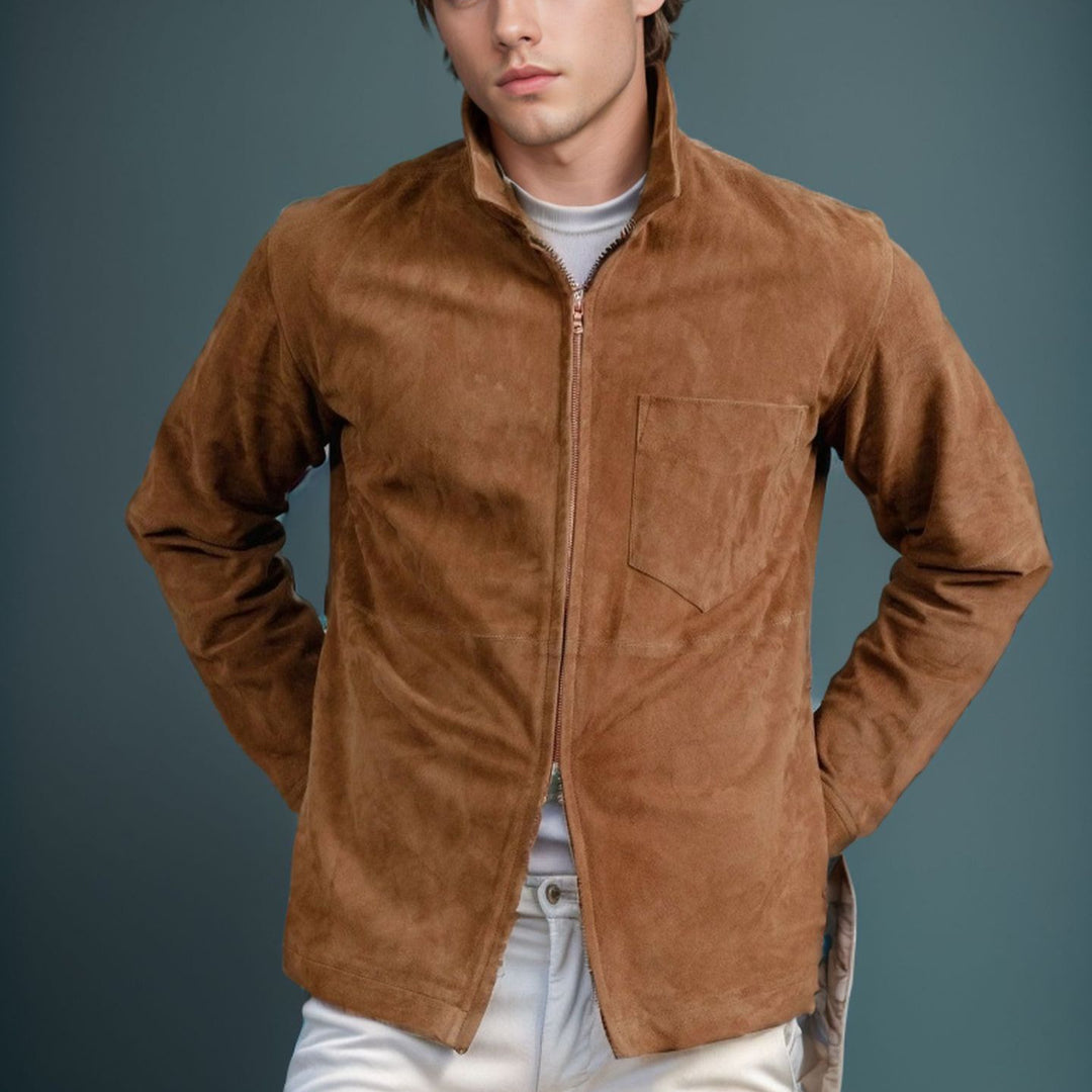 Herren modische Wildlederjacke mit hohem Stehkragen Drune