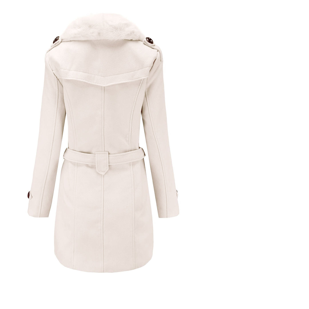 Damen eleganter Trenchcoat mit Kunstpelzkragen und Taillengürtel Drune
