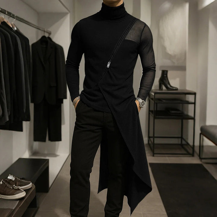 Damen nan avantgardistisches Longshirt mit schrägem Reißverschluss, Stehkragen und unregelmäßigem Zipfelsaum Drune
