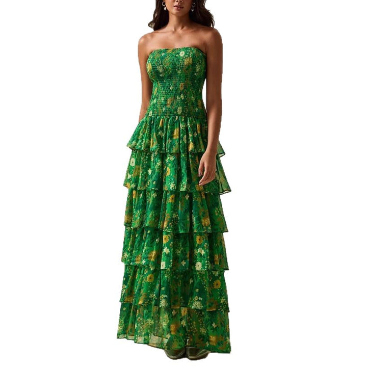 Damen Langärmliges Maxikleid mit voluminösen Rüschen und floralem Design Drune