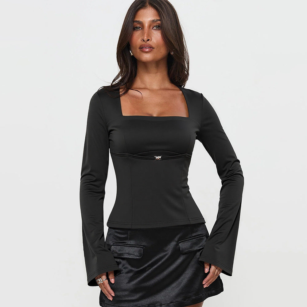 Damen Langarmoberteil mit rechteckigem Ausschnitt und eleganten Rüschendetails Drune
