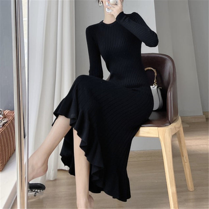 Damen Strickkleid mit eleganter Rippstruktur und fließendem Saum Drune