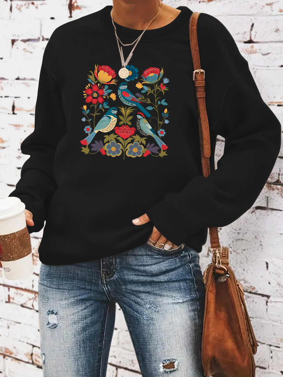 Damen Sweatshirt mit floralem Vogelmotiv und lässigem Schnitt Drune