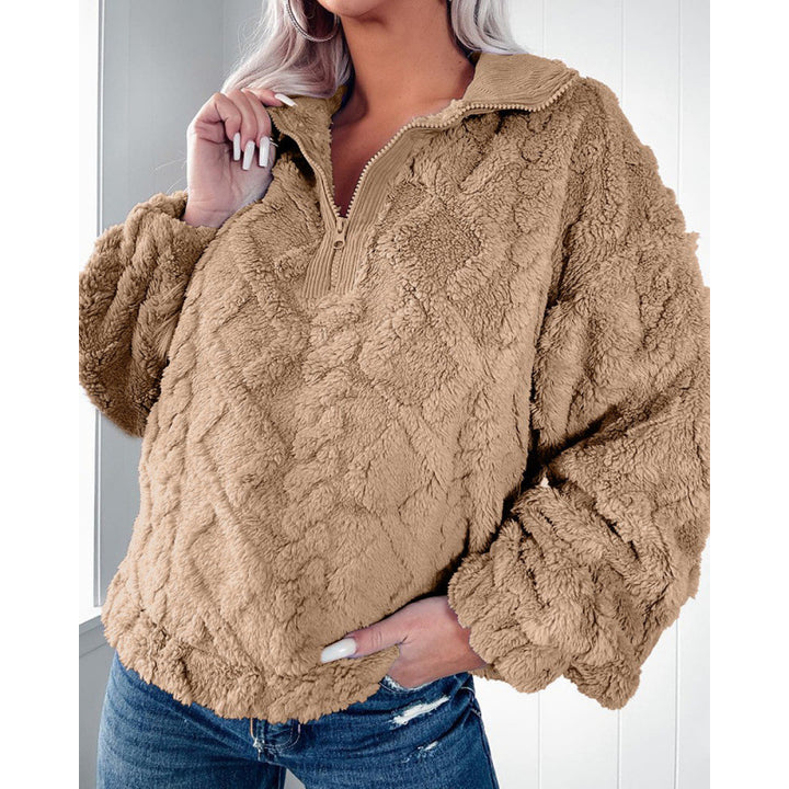 Damen Kuscheliger Fleece-Pullover mit hohem Kragen und Halb-Reißverschluss Drune