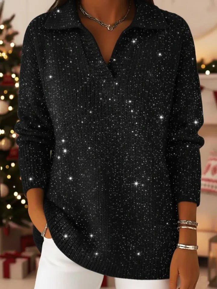 Damen schimmernder Strickpullover mit modernem Kragen Drune