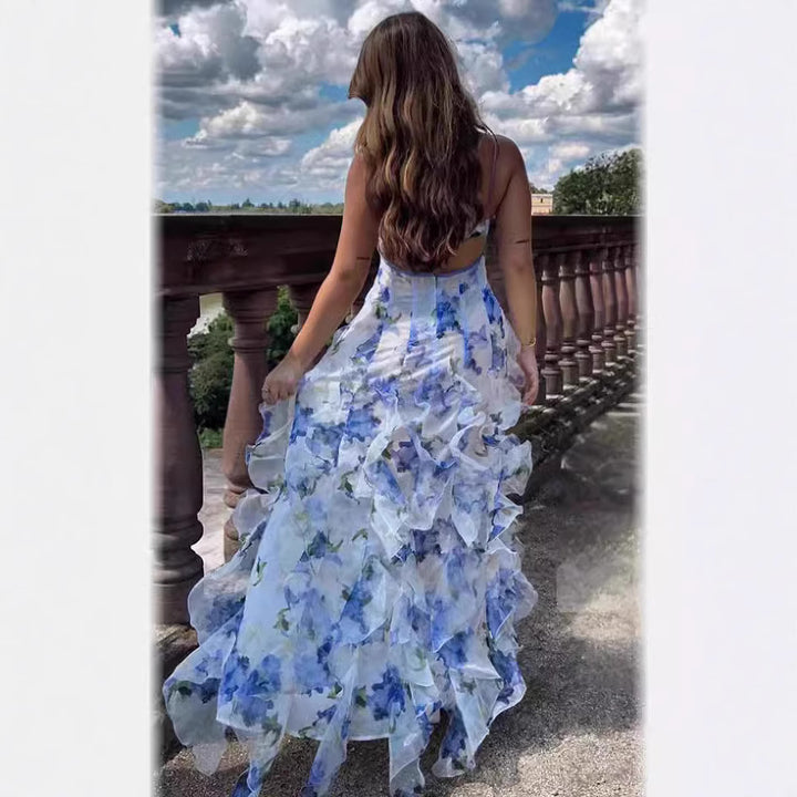 Damen Fließendes Chiffon Maxikleid mit Rüschendetails und floralen Akzenten Drune