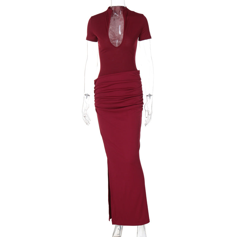 Damen Elegantes Maxikleid mit tiefem Ausschnitt und Raffungen Drune