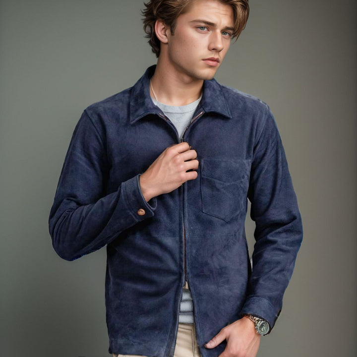 Herren modische Wildlederjacke mit hohem Stehkragen Drune