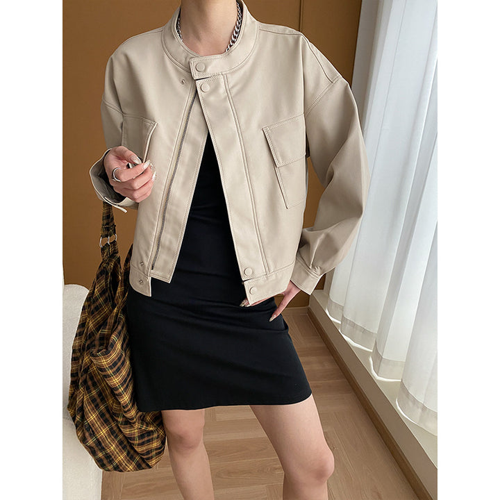 Damen modische Kunstlederjacke mit praktischen Taschen Drune