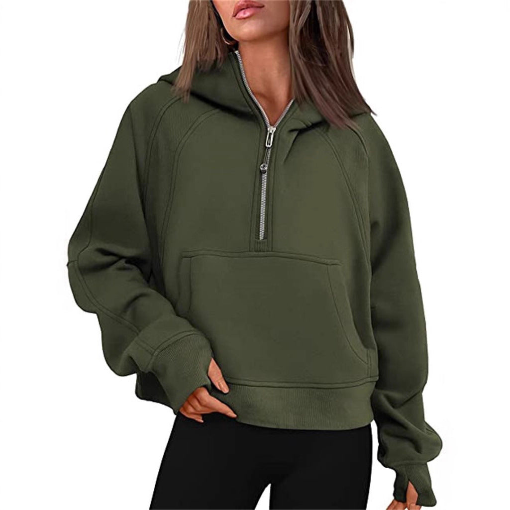 Damen Kapuzenpullover mit halbem Reißverschluss und praktischer Kängurutasche Drune