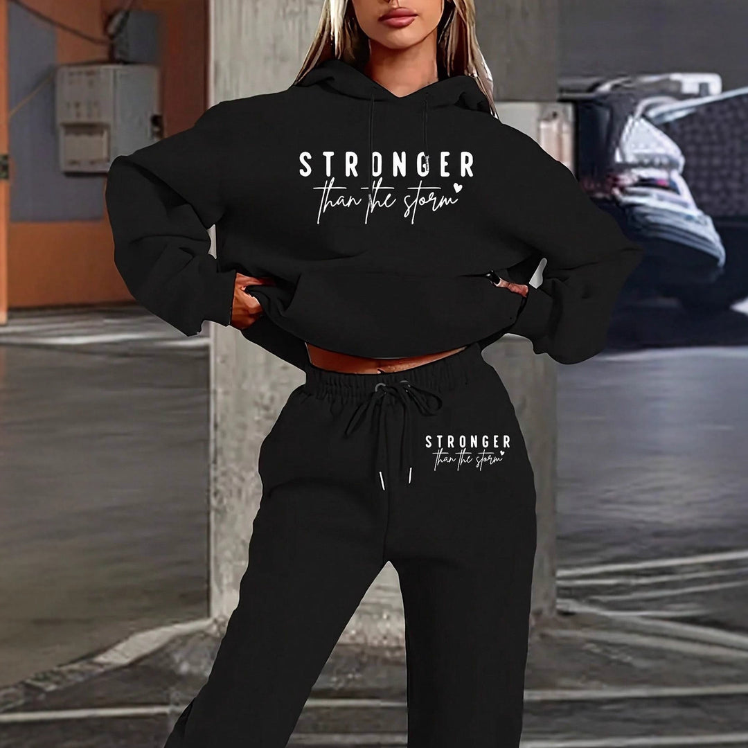 Damen nan Cropped-Hoodie und Jogginghose Set mit Statement-Print, Kängurutasche und elastischem Bund Drune