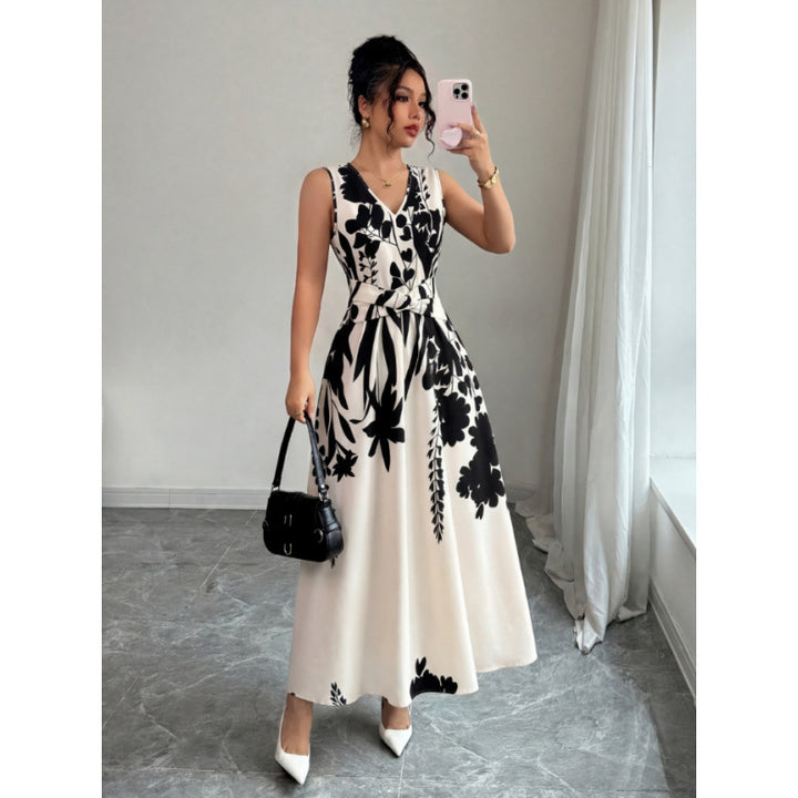 Damen Maxikleid mit floralem Design und taillierbarem Gürtel Drune
