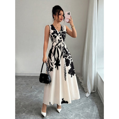 Damen Maxikleid mit floralem Design und taillierbarem Gürtel Drune