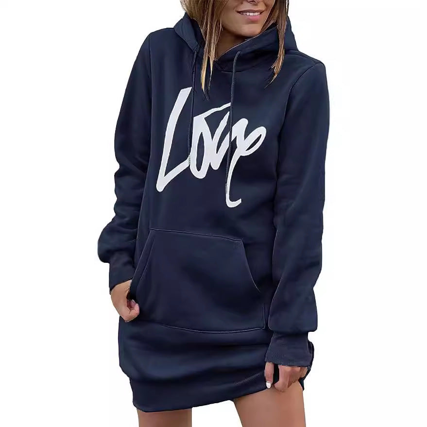 Damen Hoodie-Kleid mit Kängurutasche und auffälligem Schriftzug Drune