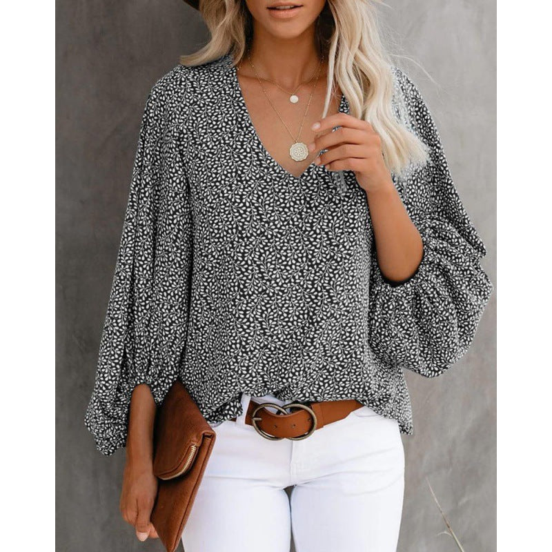 Damen Modische Bluse mit weitem Arm und V-Ausschnitt Drune
