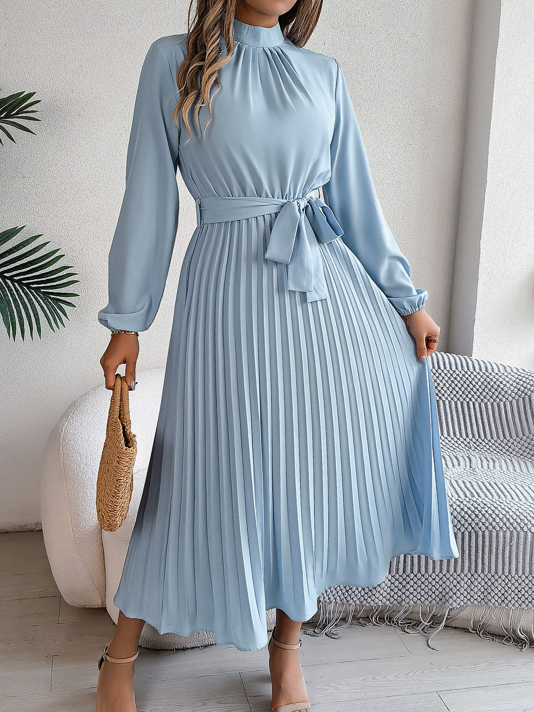 Drune | Elegante Stehkragen Taillierter Plissierter Langer Rock kleines Kleid