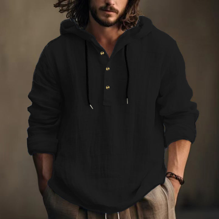 Herren nan leichtes Kapuzen-Henley Leinenhemd mit Knopfleiste und Kordelzug Drune