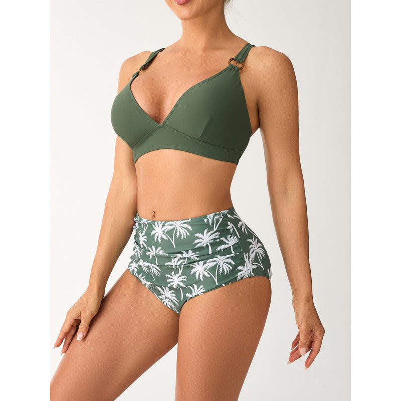 Damen Bikini-Set mit hohem Bund und modischem Palmendruck Drune