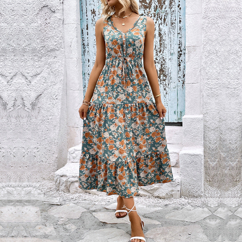 Damen Maxikleid mit floralem Design, elastischem Taillenzug und Rüschendetails Drune